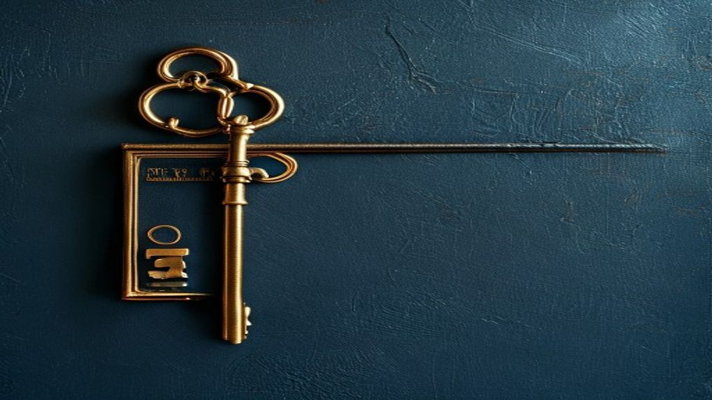 Brass address plaque and keys on a dark blue background