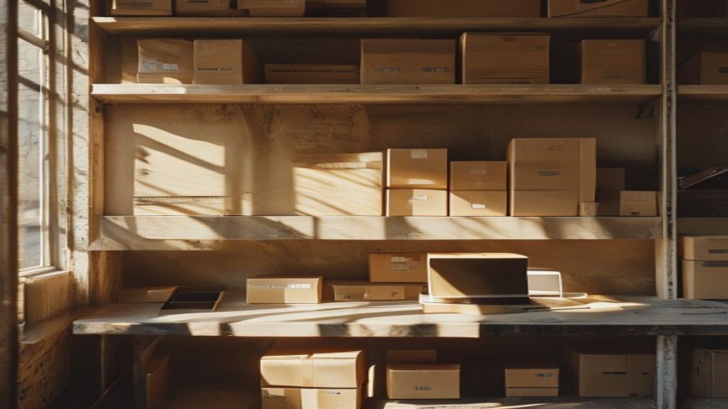 Packed shipping boxes on a small warehouse shelf beside a laptop