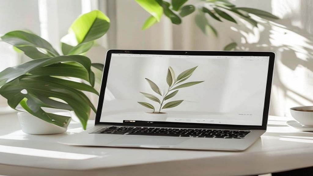 Laptop showing a minimal online store homepage on a bright desk